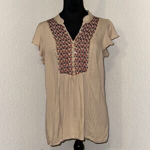 St John's Bay Tunic Top Women's Large Tan Rayon Embroidered Print V-Neck Pleated
